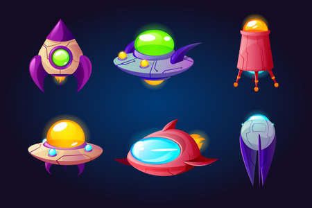 Alien space ships, ufo rockets, fantasy bizarre shuttles, computer game graphic design elements, cosmic collection of funny spaceships isolated on blue background, Cartoon vector illustration setのイラスト素材
