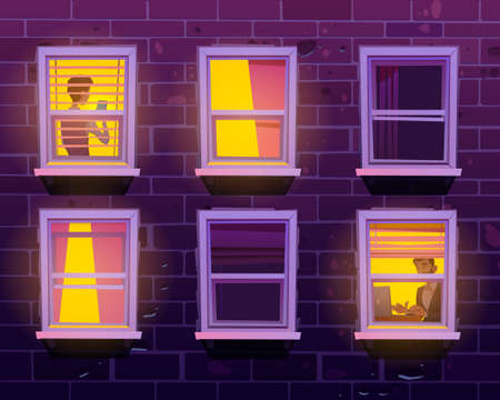 People in windows, private life in apartments, neighbors spend time with gadgets. Businessman work on laptop, boy use smartphone in home interior with glow light at evening Cartoon vector illustrationのイラスト素材