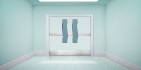 Doors in laboratory, kitchen, hospital or school corridor. Empty interior with double metal doorway...