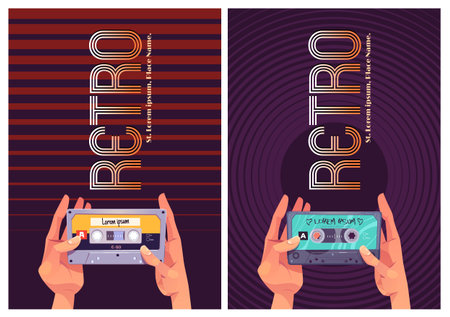 Retro dance music style of 80s banner. Hands holding vintage audio cassette. Vector poster with...