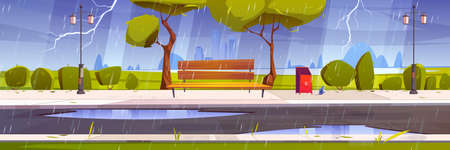 Storm with rain and lightning in city park with green trees and grass, wooden bench, puddles and town buildings on skyline. Vector cartoon summer landscape of empty public garden at rainy weatherのイラスト素材