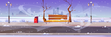 Winter city park with wooden bench, bare trees, blizzard and snowdrifts around, lanterns, bin and town buildings skyline. Urban empty public garden landscape, snow fall under dull sky Vector cartoonのイラスト素材