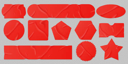 Red glued stickers or crumpled paper patches mockup. Blank shrunken labels of different shapes round, square, star, stripe and rectangle wrinkled emblems with curve edges, Realistic 3d vector setのイラスト素材