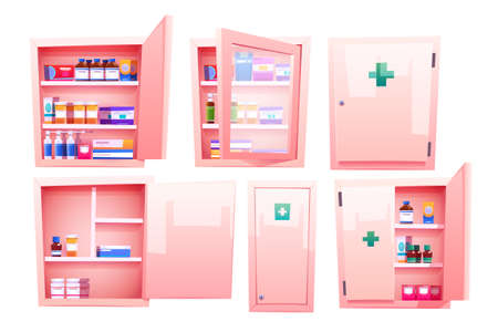Medicine cabinet, cupboard with pharmacy drugs and pills for home bathroom or store. Vector cartoon set of open and closed cabinet with tablets, vitamins and medicationsのイラスト素材