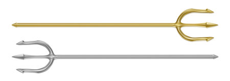 Gold, silver trident, devil pitchfork isolated on white background. Vector realistic set of mythology weapon of greek god Poseidon, Triton or Neptune. Demon tridental spearのイラスト素材