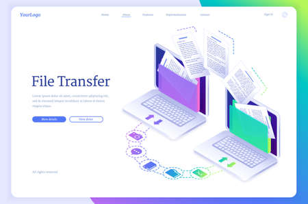 File transfer isometric landing page, digital data migration between computers. Transmission service for private information exchange, gadgets connected in computing network system, 3d vector bannerのイラスト素材