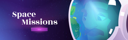 Space missions banner with astronaut in helmet on background of cosmos with stars. Vector poster...