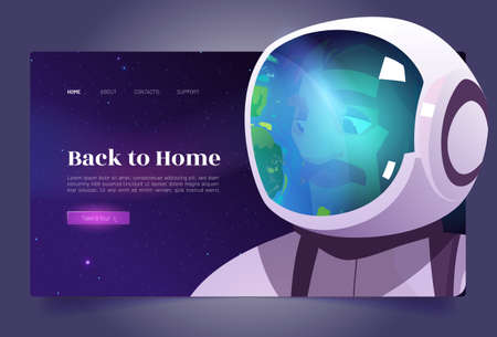 Back to home cartoon landing page, astronaut travel in galaxy. Spaceman wearing suit and helmet with Earth planet reflection look with sadness on native land. Cosmonaut explore space vector web bannerのイラスト素材