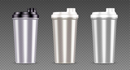 Plastic bottle for protein shake, sport drink and whey. Empty clear cups with black and white lids. Vector realistic set of 3d protein shakers for fitness nutrition isolated on transparent backgroundのイラスト素材