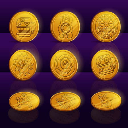 Set of gold coins with Mayan or Aztec tribal animals and idols. Ui game assets, Mexican mesoamerican ethnic money. Ancient civilization vector signs dragon or lion head, lizard, turtle and snake, sunのイラスト素材