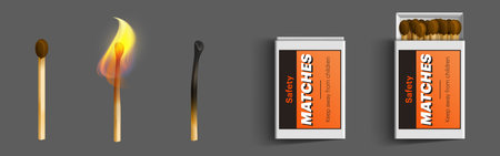 Safety matches in box, stages of burning from fire to charred burnt wooden stick, matchsticks with brown sulphur lying in closed and open case isolated on grey background, Realistic 3d vector setのイラスト素材
