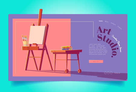 Art studio website. Workshop for painters, drawing education. Vector landing page of artist class with cartoon illustration of wooden easel with canvas, brushes and pencilsのイラスト素材