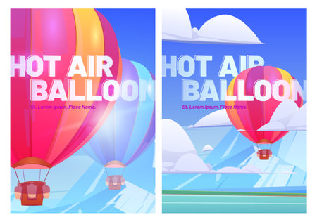 Hot air balloons fly above mountain valley with lake and green meadows. Vector posters of travel tour with cartoon illustration of flying colorful airships with baskets in sky with cloudsのイラスト素材