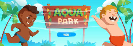 Aquapark banner with happy kids on sea beach with palm trees and wooden signboard. Vector poster with cartoon illustration of running boys play in summer resort waterparkのイラスト素材