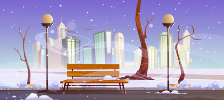 Winter city park with wooden bench, bare trees, blizzard and snowdrifts around, lanterns and town buildings skyline. Urban empty public garden landscape, snow fall under dull sky, Vector cartoonのイラスト素材
