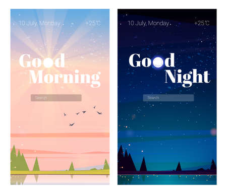 Mobile phone onboard screens, good night and good morning pages with nature landscape, date and temperature, search browser, vidget background, application template. Cartoon user interface designのイラスト素材