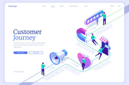 Customer journey banner. Buying process from awareness and interest to purchase. Concept of retention and advocacy marketing strategy. Vector landing page with isometric client on buyer route mapのイラスト素材