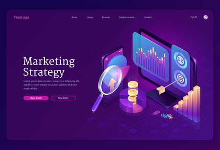 Marketing strategy isometric landing page. Business concept with computer desktop and smartphone with data analysis finance graphs, magnifying glass, coins and target with arrow, 3d vector web bannerのイラスト素材