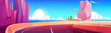 Car overpass road on sea shore with mountains and green bushes. Vector cartoon landscape of ocean shore, rocks and highway bridge with metal crash barrier. Summer seascape with road on coastのイラスト素材