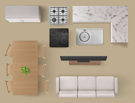 Interior items top view, living room and kitchen furniture and technics sofa, tv and table with chairs, sink, gas and electric oven and cupboard. Home render apartment design, Realistic 3d vector setのイラスト素材