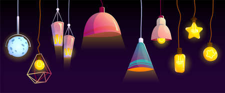 Ceiling lamps, glowing electric bulbs, incandescent modern lightbulbs of different shapes and design hanging from above. Light equipment isolated on black background. Cartoon vector illustration, setのイラスト素材