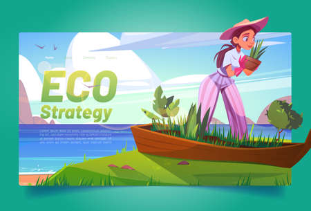 Eco strategy banner with woman planting flowers in old boat on sea beach. Vector landing page of environment conservation with cartoon summer landscape of sand ocean shore with broken ship in grassのイラスト素材