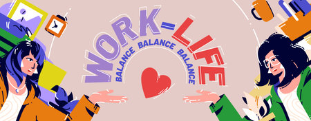 Work and life balance cartoon poster, businesswoman sitting at workplace solve dilemma choosing...