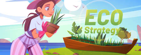 Eco strategy cartoon banner, woman volunteer planting trees in old wooden boat on sea beach. Forest restoration, reforestation, care of plants, save nature, environment protection Vector Illustrationのイラスト素材