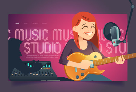 Recording studio cartoon landing page, singer woman with guitar sing in music booth with microphone...