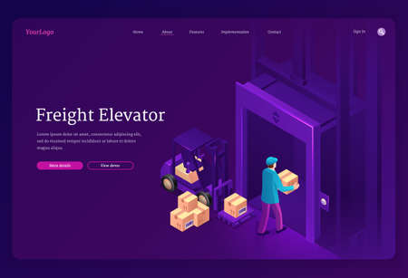 Freight elevator isometric landing page. Worker character with boxes on forklift loader and hands enter cargo lift. Man with parcel walk in open door in industrial center or mall, 3d vector web bannerのイラスト素材