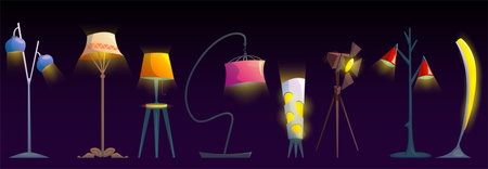 Lamps, ceiling and floor glowing electric bulbs, incandescent modern lightbulbs, torchere of different shapes and design. Light equipment isolated on black background. Cartoon vector illustration, setのイラスト素材