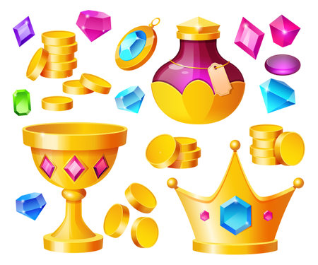 Treasure, magic items golden coins, crystal gems, crown, gold goblet with potion bottle, precious rocks and jewelry, ui game assets, pirate loot isolated on white background, Cartoon vector setのイラスト素材