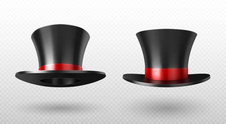 Magician top hat, black vintage cylinder cap with red bow and high crown front view isolated on transparent background. Circus performer headwear for magic tricks, Realistic 3d vector illustrationのイラスト素材