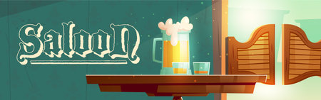 Cowboy saloon cartoon banner, glass tankards with foamy beer and shots with alcohol drinks stand on...