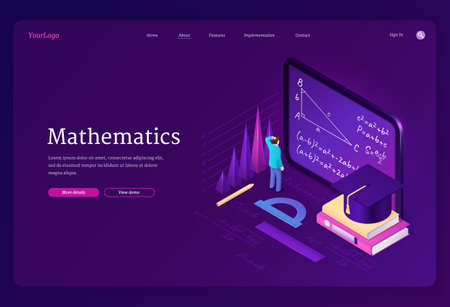 Mathematics isometric landing page. Math science education digital concept. Tiny male student character in school class stand at huge tablet pc with formula on screen and books. 3d vector web bannerのイラスト素材
