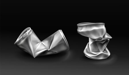 Crumpled tin can, crushed metal bottles with open key. Crumple trash, used empty containers for beverages, Realistic 3d vector silver colored aluminium canister for drinks isolated on black backgroundのイラスト素材
