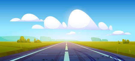 Car road in fields with green grass and forest on horizon. Vector cartoon illustration of summer countryside landscape with meadows, clouds in blue sky and highway with tire tracks on asphaltのイラスト素材