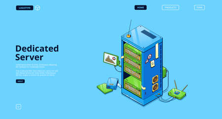 Dedicated server isometric landing page, computer data storage equipment, pc memory database, hardware. Electronic device for web hosting, information saving technology 3d vector line art web bannerのイラスト素材