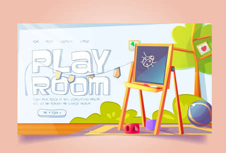 Playroom banner with furniture and toys for kids. Vector landing page, kindergarten or daycare center with cartoon interior of empty nursery room with blackboard for children drawing, table and chairのイラスト素材
