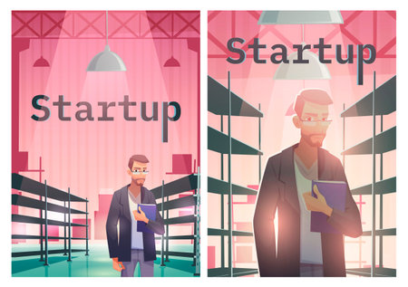 Startup cartoon poster, successful businessman with document folder in hand stand at warehouse with...
