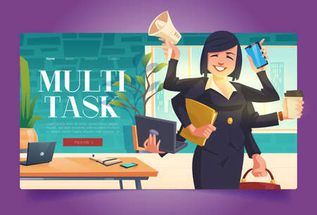 Multitask banner with businesswoman with many armsのイラスト素材