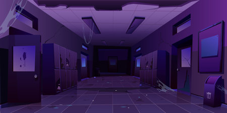 Abandoned school hallway interior, night corridorのイラスト素材