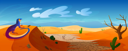 Lizard sit on dune in desert with golden sandのイラスト素材