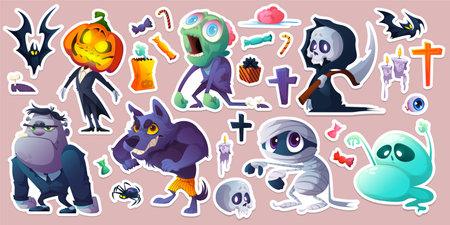 Halloween stickers with monsters, bats, candiesのイラスト素材