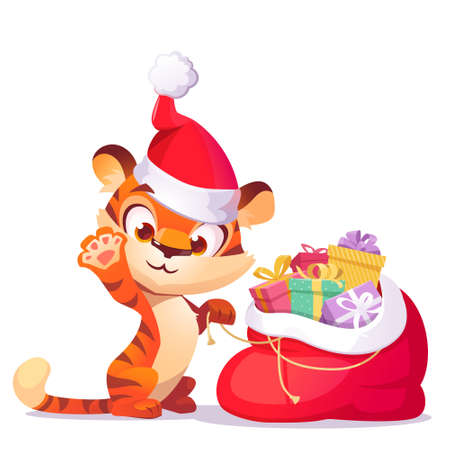 Cute tiger in in christmas hat with gift sackのイラスト素材