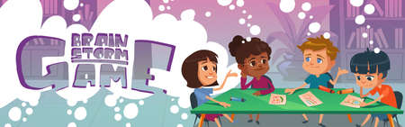 Brainstorm game banner with thinking childrenのイラスト素材