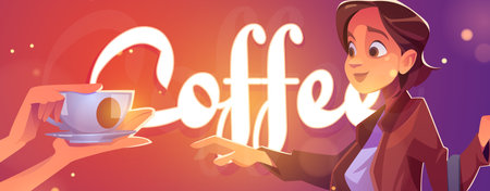 Coffee poster with woman takes white cupのイラスト素材