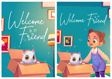 Welcome friend posters with cat in box and girlのイラスト素材