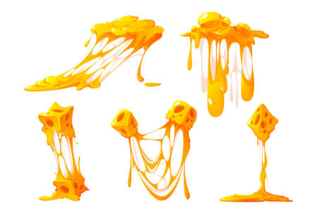Melted cheese pieces isolated on white background. Vector cartoon set of hot cheddar, parmesan or holland cheesy slices with holes and molten liquid dropsのイラスト素材