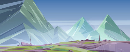 Mountain landscape with fog cover rocky peaks. Cartoon nature view with green grass on foggy rocks under grey dull gloomy sky scenery background, summer or spring tranquil scene, vector illustrationのイラスト素材